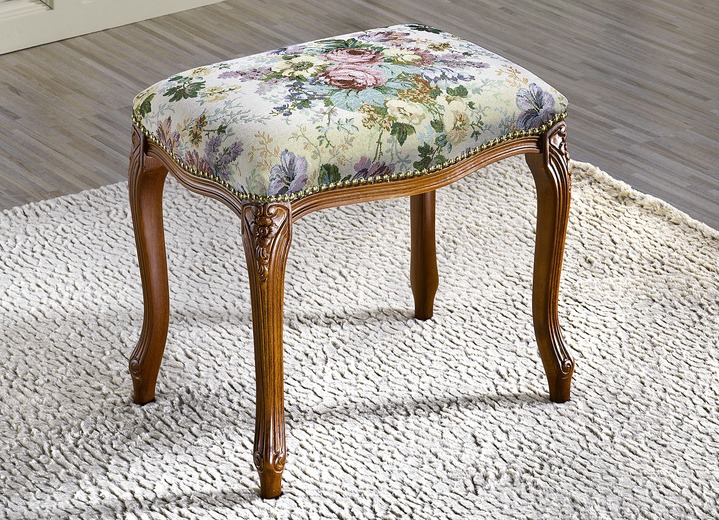 - Hocker mit floralem Gobelin-Bezug, in Farbe NUSSBAUM
