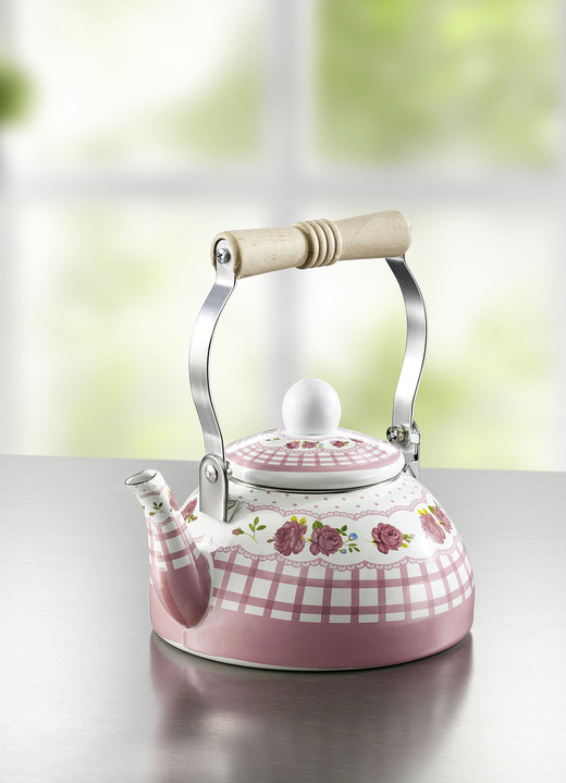 Haushaltshelfer - Teekessel mit nostalgischem Dekor, in Farbe ROSA-WEISS