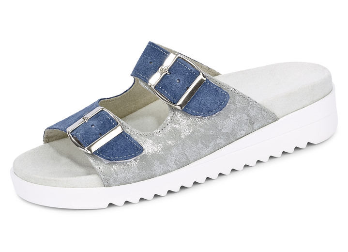 - Pantolette mit Wörishofer Tieffussbett, in Größe 036 bis 042, in Farbe JEANS-SILBERGRAU
