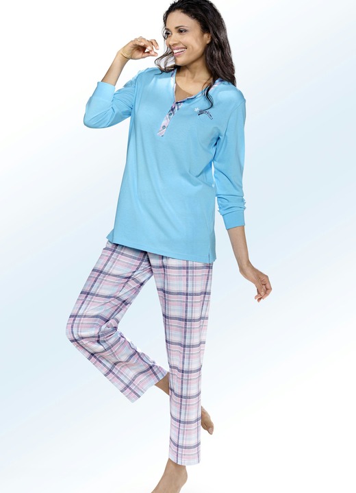 Pyjamas & Shortys - Pyjama, Langarm mit Knopfleiste, in Größe 036 bis 056, in Farbe TÜRKIS-BUNT Ansicht 1