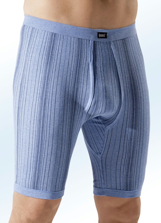 Slips & Unterhosen - Dreierpack Unterhosen aus Feinripp, knielang, gestreift, in Größe 005 bis 012, in Farbe 2X JEANSBLAU MELIERT-BUNT, 1X UNI ULTRAMARIN