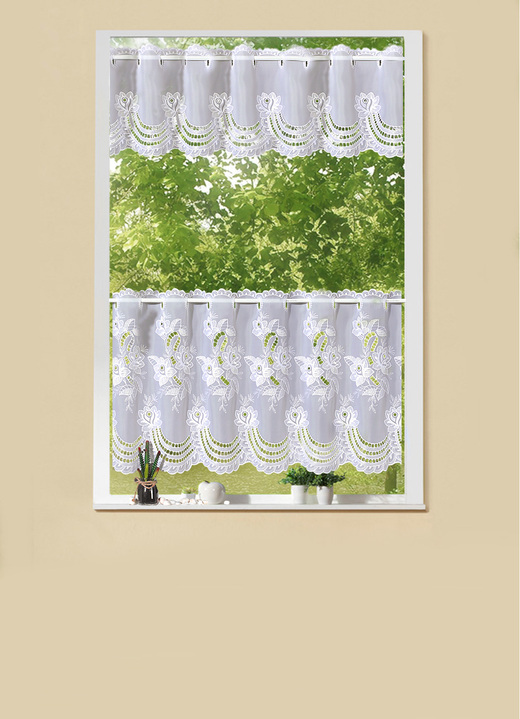 Kurzgardinen - «Plauener Stickerei» Kurzvorhang, verschiedene Ausführungen, in Größe 669 (30x225 cm) bis 834 (50x300 cm), in Farbe WEIß