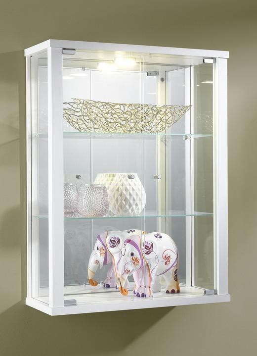 Vitrinen - Hängevitrine mit ESG-Sicherheitsglas, in Farbe WEISS, in Ausführung mit LED-Beleuchtung und Spiegelrückwand Ansicht 1