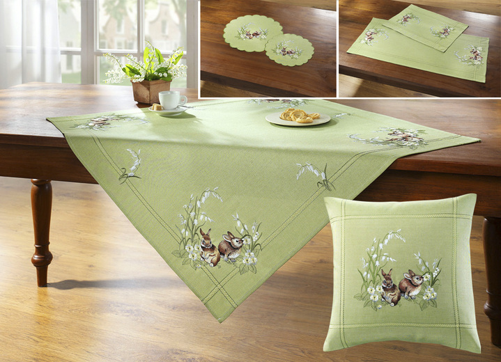 Tischdecken - Tisch- und Raumdekoration mit Blüten- und Gräser-Motiv, in Größe 101 (Deckchen, 35/ 50 cm) bis 404 (Kissenbezug, 40/ 40 cm), in Farbe GRÜN