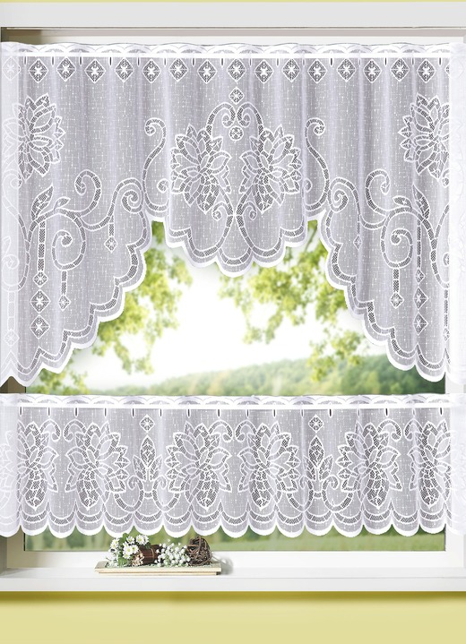 Kurzgardinen - Fensterset mit Stangendurchzug 2-teilig, in Größe 309 (75x100 + 28x100 cm) bis 315 (75x150 + 28x150 cm), in Farbe WEIß