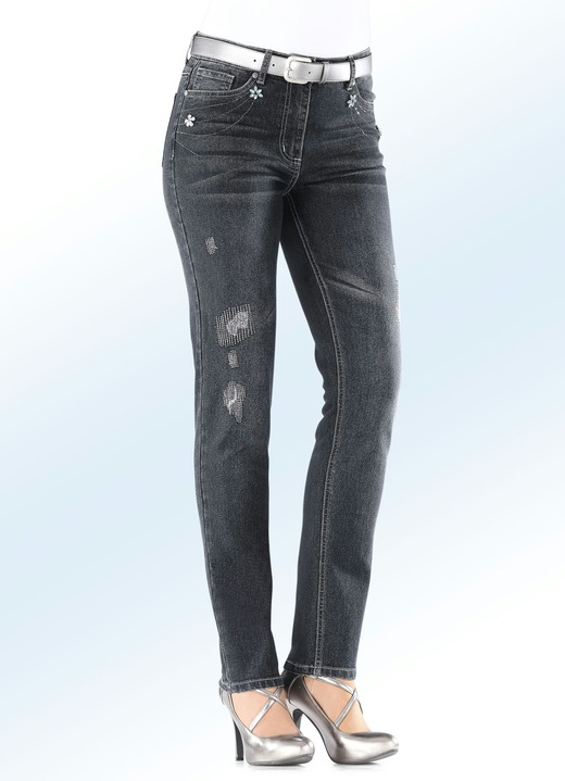 Hosen - Jeans mit Steinchenapplikationen, in Größe 017 bis 088, in Farbe ANTHRAZIT Ansicht 1