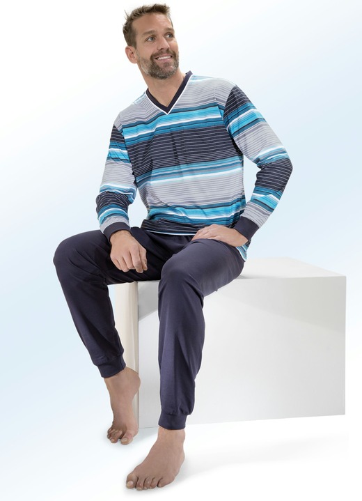 Pyjamas - Pyjama mit Ringeldessin, V-Ausschnitt und Brusttasche, in Größe 046 bis 062, in Farbe GRAU-TÜRKISBLAU-WEISS Ansicht 1