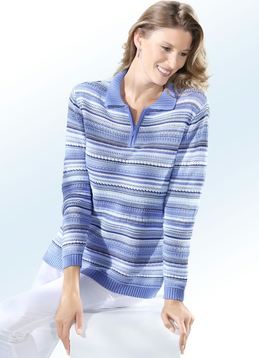Langarm - Pullover in Mustermix, in Größe 038 bis 052, in Farbe BLAU-BLEU-WEISS