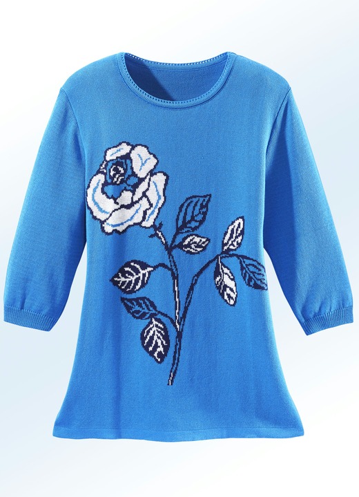 Pullover & Strickmode - Pullover mit Rosen-Motiv, in Größe 042 bis 058, in Farbe AZURBLAU Ansicht 1