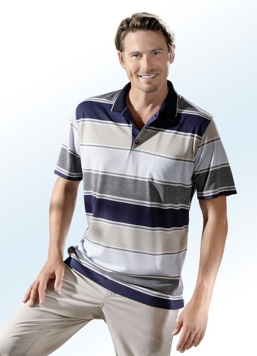 Shirts - Poloshirt mit kurzer Knopfleiste , in Größe 046 bis 062, in Farbe MARINE-SAND-BLEU