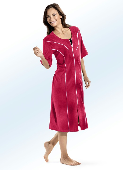 Hauskleider - Hauskleid mit kontrastfarbenen Paspeln in 2 Farben, in Größe 036 bis 054, in Farbe ROT