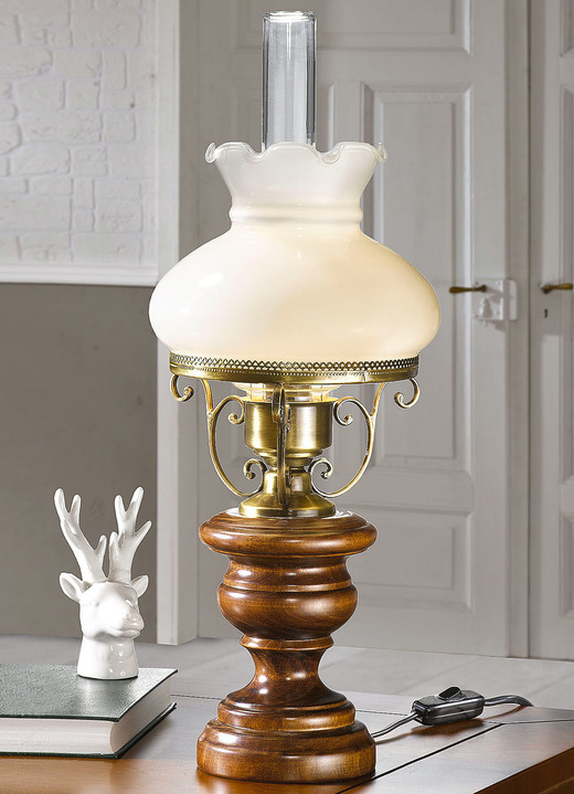 Lampen - Tischlampe aus messingbeschichtetem Eisen und Holz , in Farbe NUSSBAUM