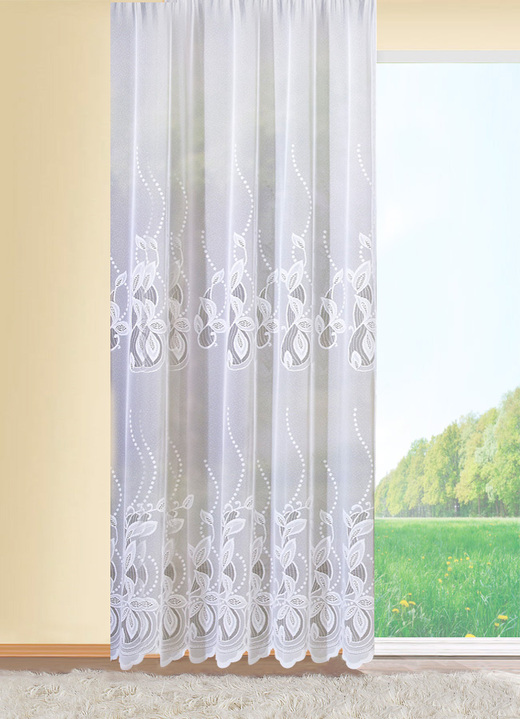 Klassisch - Langvorhang mit Ranken-Bordüre und gebogtem Abschluss, in Größe 176 (H175xB250 cm) bis 294 (H245xB500 cm), in Farbe WEISS Ansicht 1