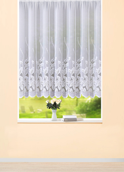Klassisch - Blumenfenster-Vorhang mit gebogtem Abschluss, in Größe 136 (H120xB250 cm) bis 174 (H160xB500 cm), in Farbe WEISS Ansicht 1