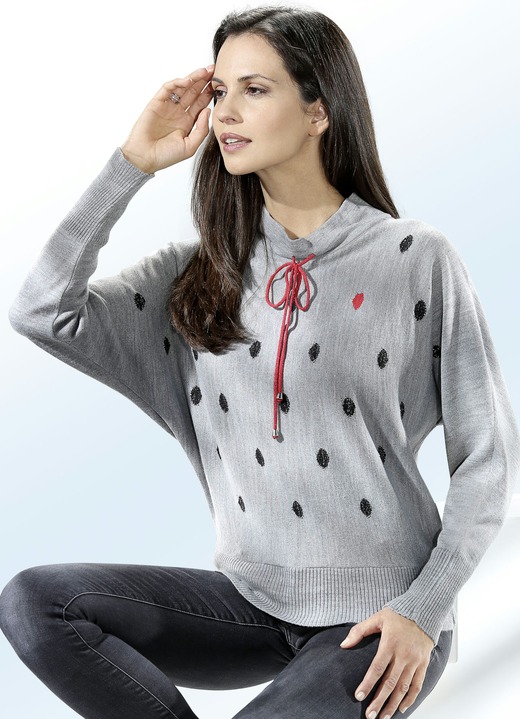 Pullover & Strickmode - Pullover in Fledermausform, in Größe L (44/46) bis XL (48/50), in Farbe GRAU MELIERT-SCHWARZ-ROT