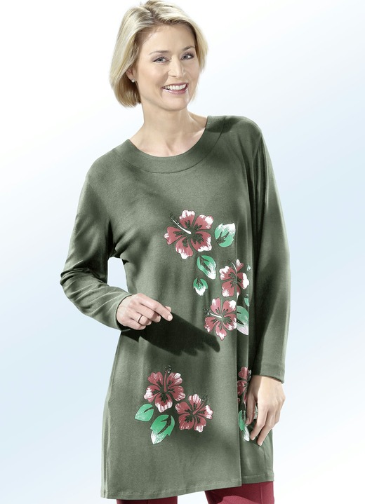 Shirts - Longshirt mit Blumendessin im Vorderteil in 2 Farben, in Größe 040 bis 060, in Farbe OLIV Ansicht 1