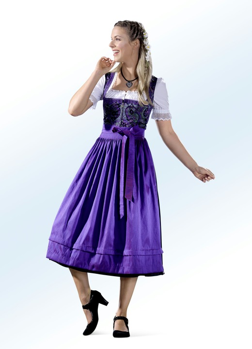 Landhausmode - Dirndl mit Schürze von ROSE-DIRNDL, in Größe 038 bis 056, in Farbe LILA-GRÜN