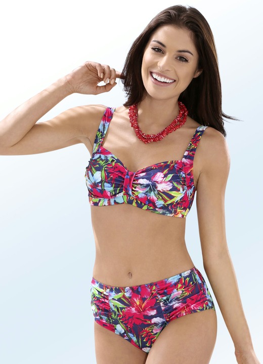 Bikinis - Bikini mit herausnehmbaren Softschalen, Zierschlaufe und Druckdessin allover, in Größe 036 bis 050, in Cup B, in Farbe ROT-BUNT Ansicht 1