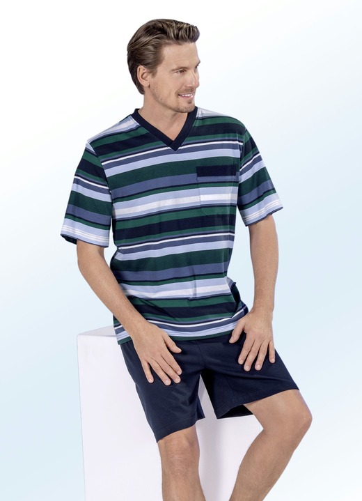 - Shorty mit garngefärbtem Ringeldessin, V-Ausschnitt und Brusttasche, in Größe 046 bis 062, in Farbe MARINE-GRÜN