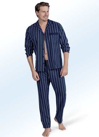 Pyjama mit Streifendessin, Reverskragen, durchgehender Knopfleiste und Brusttasche