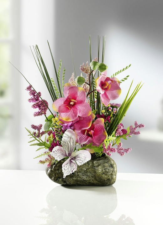 Kunst- & Textilpflanzen - Orchideen-Gesteck auf Stein, in Farbe ROSA