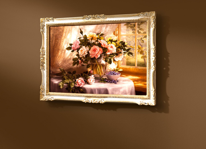 Blumen - Bild mit Rosenstrauss, in Farbe WEIß-GOLD