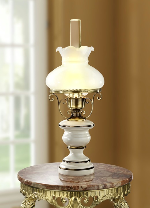 Lampen - Tischlampe aus messingbeschichtetem Eisen und Holz, in Farbe CREME-GOLD