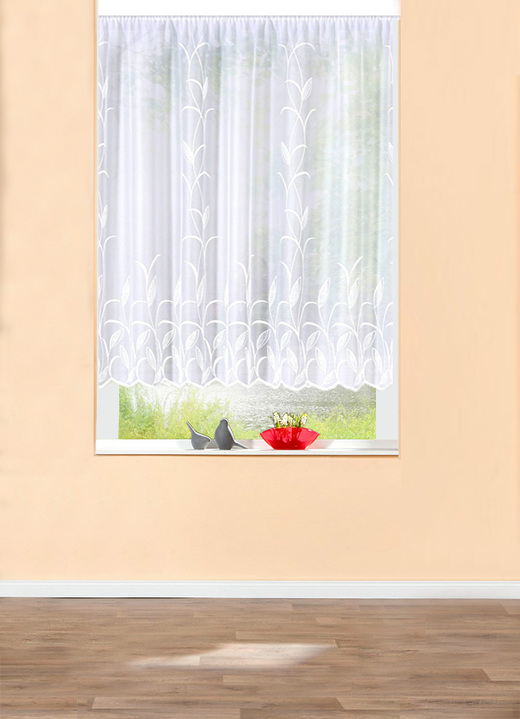 Klassisch - Blumenfenster-Store mit naturnahem Blätterdessin, in Größe 140 (H120xB300 cm) bis 179 (H175xB450 cm), in Farbe WEISS Ansicht 1
