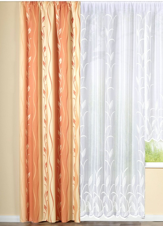 Klassisch - Übergardine mit natürlichen Blätterranken in verschiedenen Farben, in Größe 358 (H145xB140 cm) bis 456 (H245xB140 cm), in Farbe TERRA