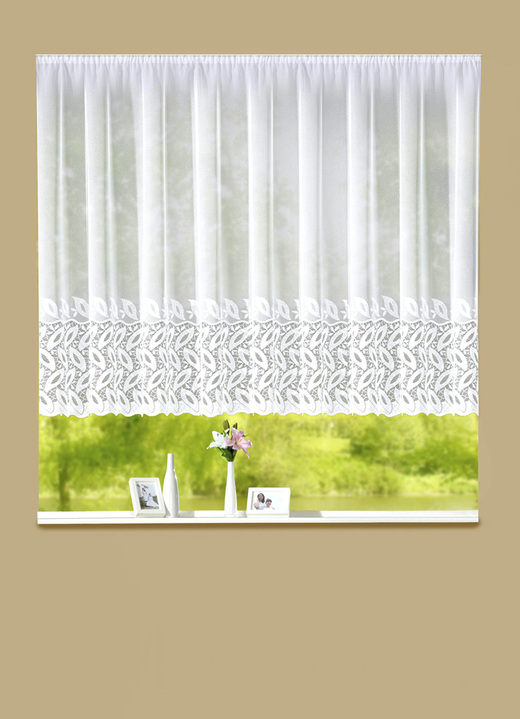 Klassisch - Aparter Blumenfenster-Store, in Größe 145 (120x600) bis 163 (145x450), in Farbe WEIß