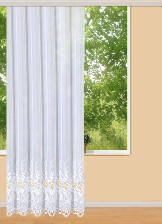 Klassisch - Langvorhang mit hochwertiger Plauener Stickerei, in Größe 217 (H220xB300 cm) bis 298 (H245xB600 cm), in Farbe WEISS Ansicht 1