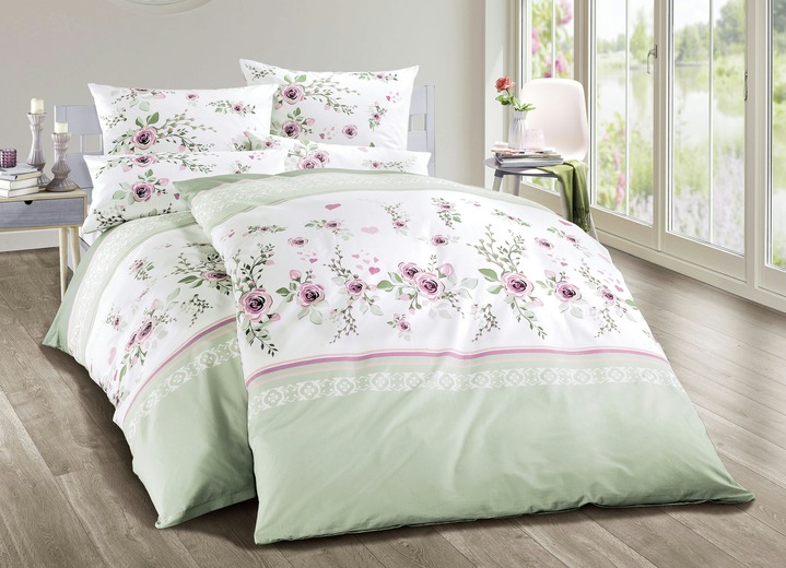 Bettwäschegarnituren - Bettwäsche-Garnitur mit Blumen Ornamente , in Größe 111 (40/80 cm + 135/200 cm) bis 412 (4-teiliges Sparset: 2x 80/80 cm + 2x 135/200 cm), in Farbe GRÜN Ansicht 1