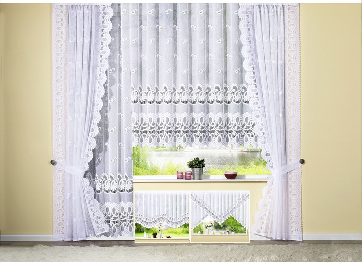 Klassisch - Blumenfenster-Vorhang mit Automatikfaltenband, in Größe 140 (H120xB300 cm) bis 181 (H175xB600 cm), in Farbe WEISS Ansicht 1