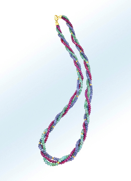 Halsketten - 3-reihig verdrehte Halskette mit echten Edelsteinen, in Farbe