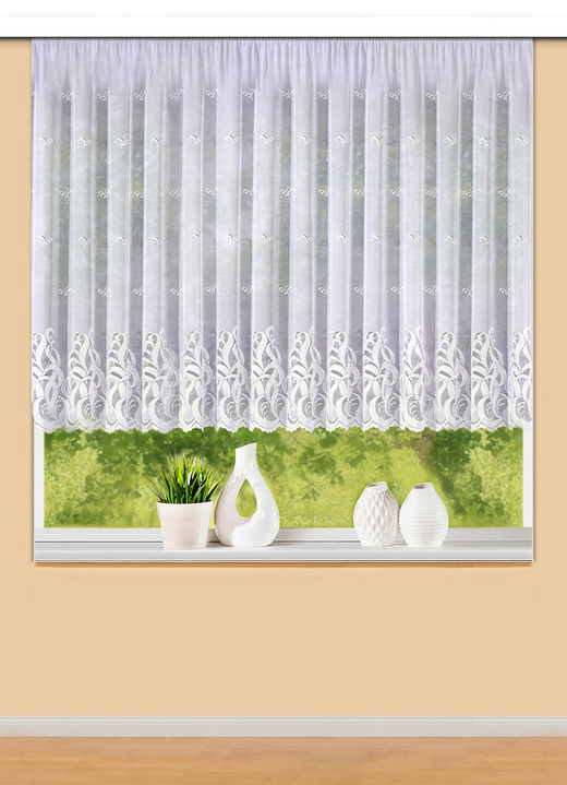 Klassisch - Toller Blumenfenster-Vorhang mit Universalschienenband, in Größe 140 (H120xB300 cm) bis 179 (H175xB450 cm), in Farbe WEISS Ansicht 1