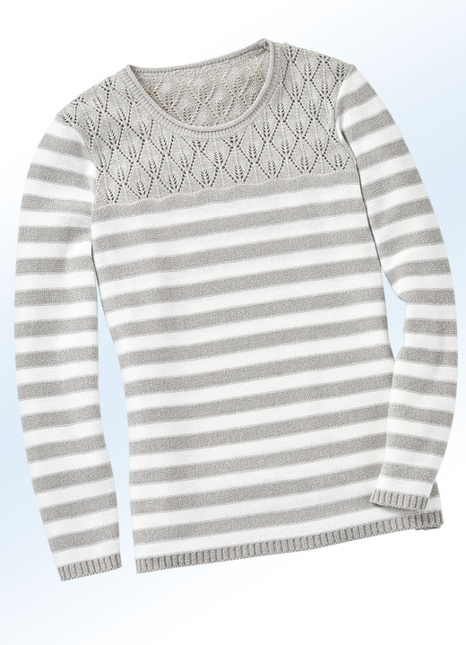 - Pullover mit Ringeldessin  , in Größe 036 bis 050, in Farbe GRAU MELIERT-WEISS