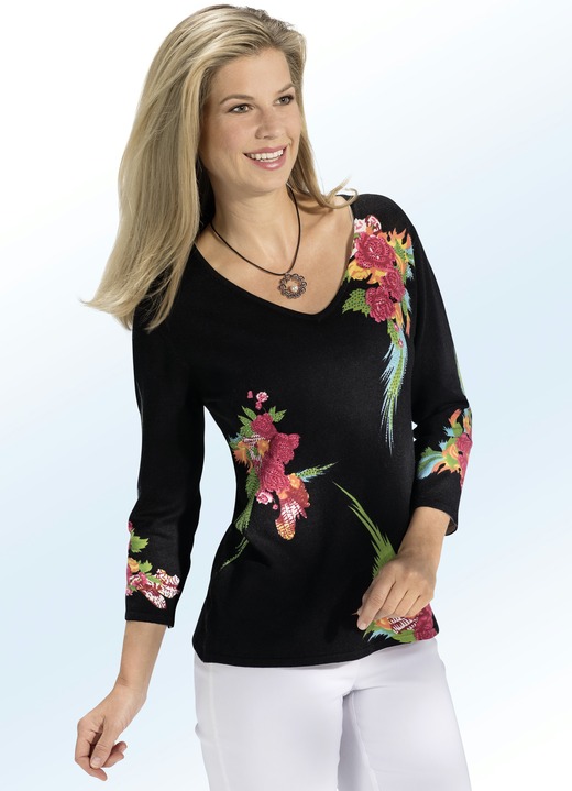 Pullover & Strickmode - Pullover mit Floral-Druck und Strasszier, in Farbe SCHWARZ-MULTICOLOR