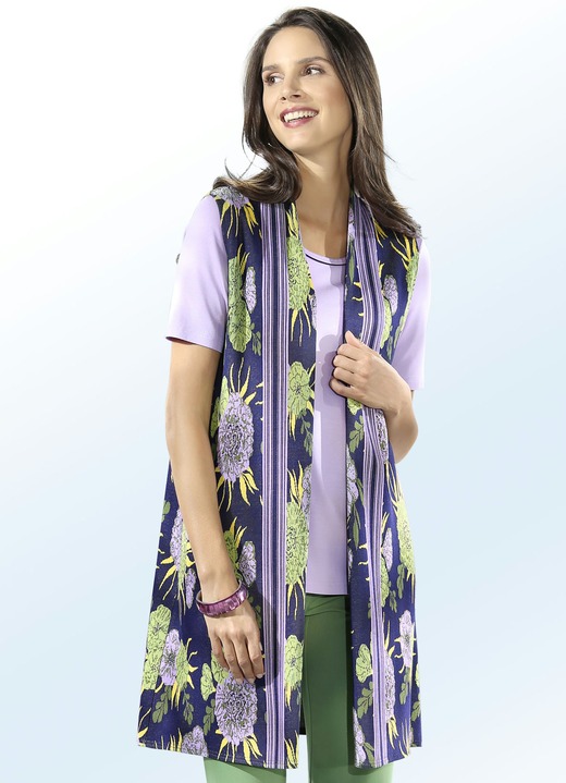 - ELENA EDEN Long-Strickgilet in verschlussloser Form, in Größe 038 bis 052, in Farbe MARINE-FLIEDER-GRÜN-GELB