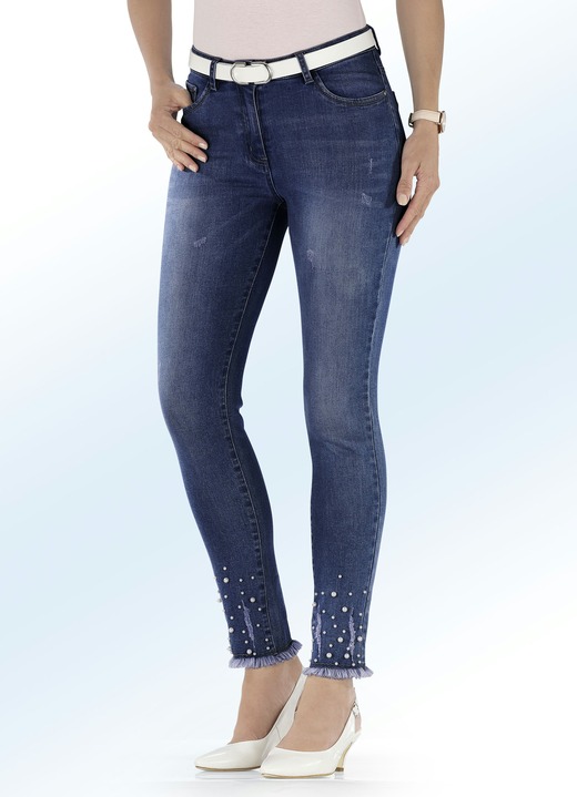 Hosen - Jeans mit Fransensaum und tollen Zierperlen, in Größe 017 bis 046, in Farbe JEANSBLAU Ansicht 1