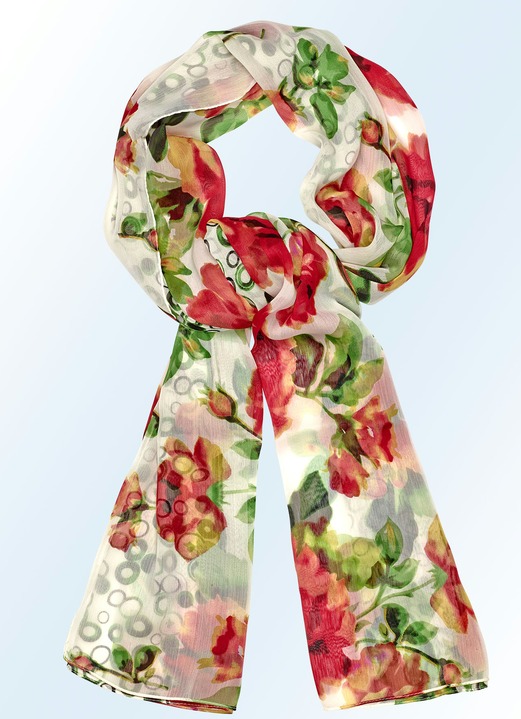 - Schal mit bedruckten Rosenblüten und -blättern, in Farbe WEISS-ROT Ansicht 1