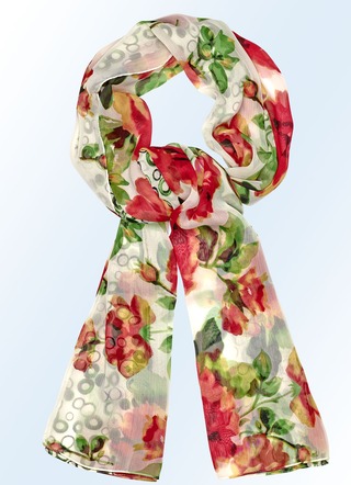 Schal mit bedruckten Rosenblüten und -blättern