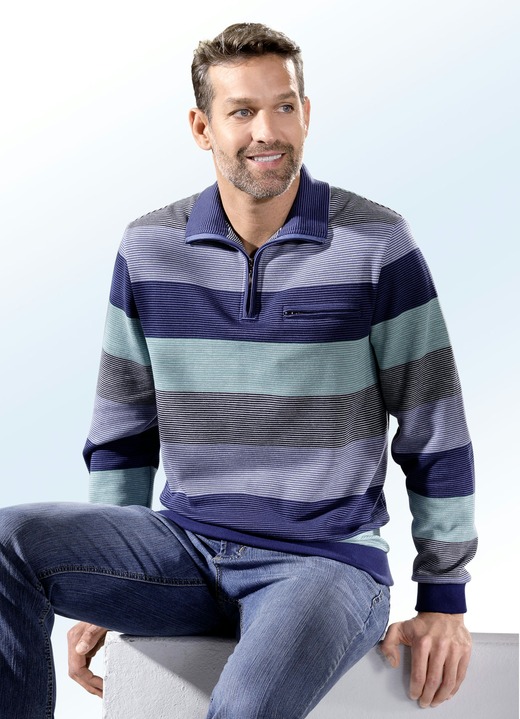 Sweatshirts - Troyer mit kurzem Reissverschluss, in Größe 046 bis 062, in Farbe MARINE-MINT-HELLBLAU-WEISS