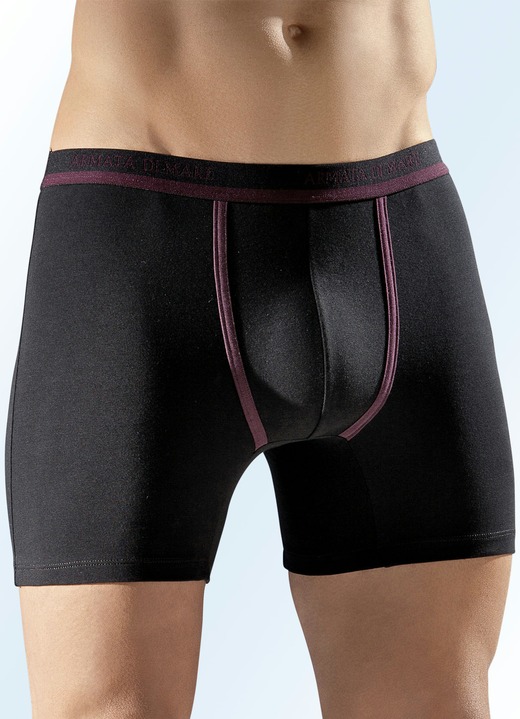 Pants & Boxershorts - Viererpack Pants, uni mit Kontrastpaspeln, in Größe 005 bis 011, in Farbe 2X SCHWARZ-BORDEAUX, 2X BORDEAUX-SCHWARZ