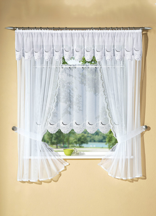Klassisch - Hübsche Fensterdekoration mit echter Plauener Stickerei, in Größe 321 (Seitenschal, H100x B70 cm) bis 896 (Kurzstore, H100xB160 cm), in Farbe WEISS Ansicht 1