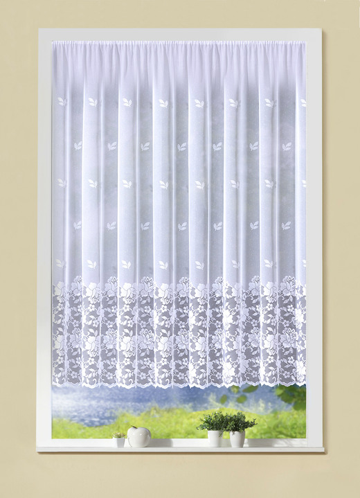 Klassisch - Filigraner Blumenfenster-Vorhang mit Automatikfaltenband 1:3, in Größe 140 (H120xB300 cm) bis 181 (H175xB600 cm), in Farbe WEISS Ansicht 1
