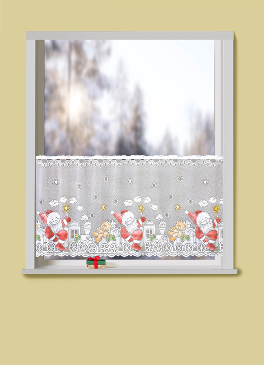 Kurzgardinen - Kurzstore mit Weihnachts-Motiv , in Größe 856 (H60xB100 cm) bis 866 (H60xB200 cm), in Farbe WEIß-BUNT Ansicht 1