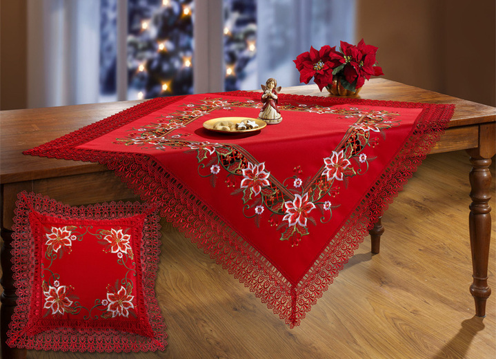 Tischdecken - Tisch- und Raumdekoration mit Makrameeborte und floralen Stickereien, in Größe 101 (Läufer, 40/ 85 cm) bis 404 (Kissenbezug, 40/ 40 cm), in Farbe ROT Ansicht 1