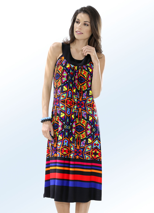 Bade- & Strandmode - Kleid mit Inkjet-Druckdessin, weit schwingend, in Größe 036 bis 050, in Farbe SCHWARZ-BUNT