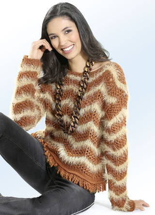 Pullover mit Glitzereffekten und Fransen am Wellensaum