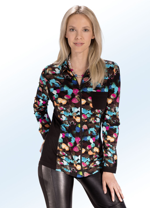 Blusen & Tuniken - Außergewöhnliche Blusenjacke mit Reißverschluss, in Größe 036 bis 052, in Farbe SCHWARZ-BUNT